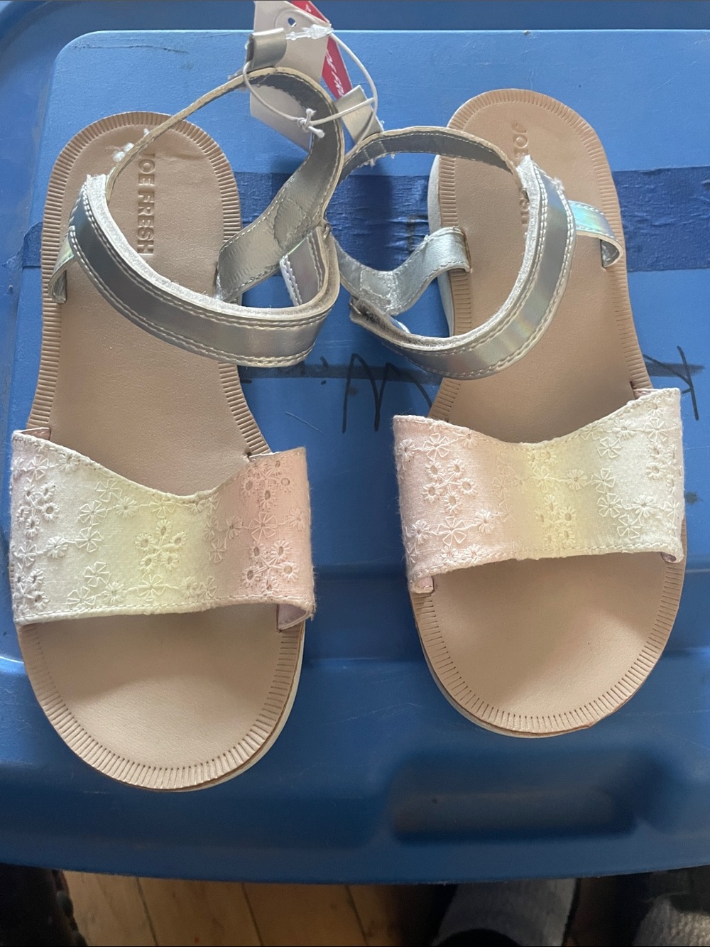 Joe Fresh Girls Metallic Silver Sandals with Pink-Yellow Ombre Floral Strap